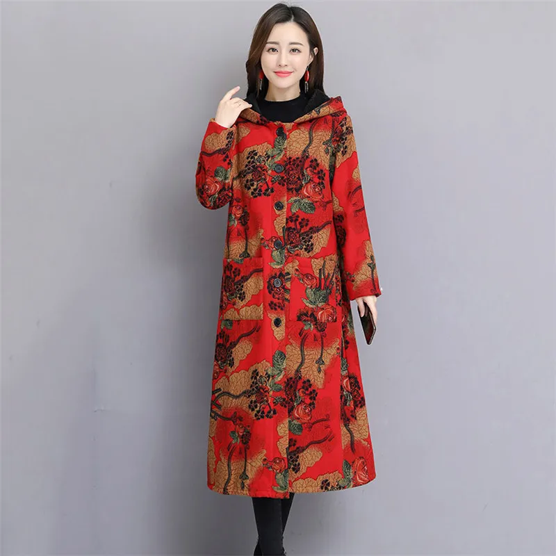 Autumn Winter Women Outerwear 2019 New Retro Printing Large Size Female Trench Thick Hooded Single-Breasted Ladies Cw613 | Женская