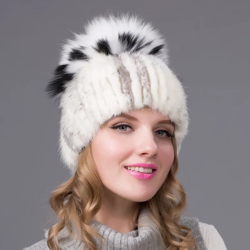 Women Mink Fur Hat styles female fur Cap with fox fur pompom lining Women Winter Headwear hats