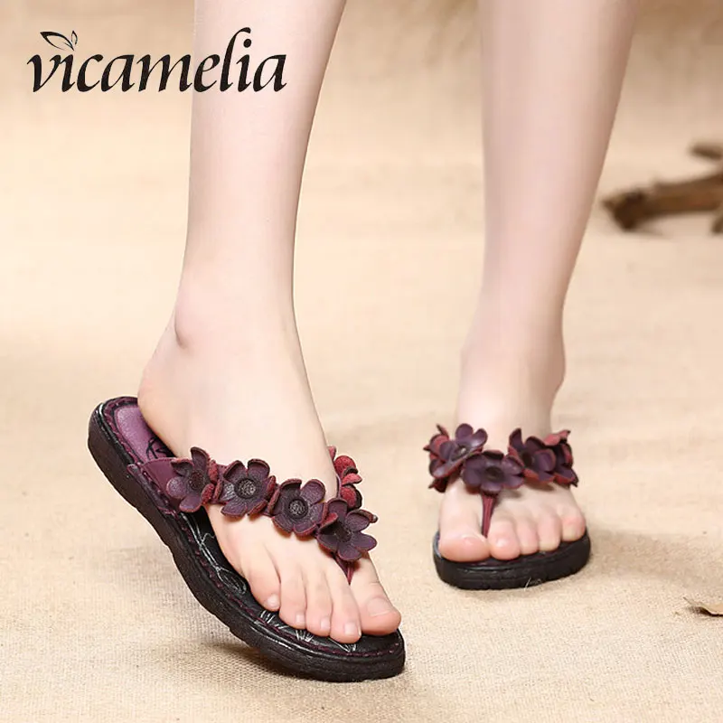 2019 Summer Newest Beach With Flower Flip Flops Genuine Leather Casual Women Slippers Ladies Outdoor Flat Shoes Handmade 321 | Обувь