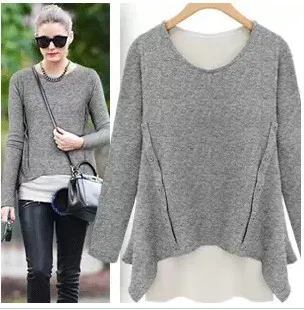 Hot sales 2014 New spring Autumn Women Round Neck fashion Loose Asymmetric hem long sleeve Tunic T-shirt Tops free shipping | Женская