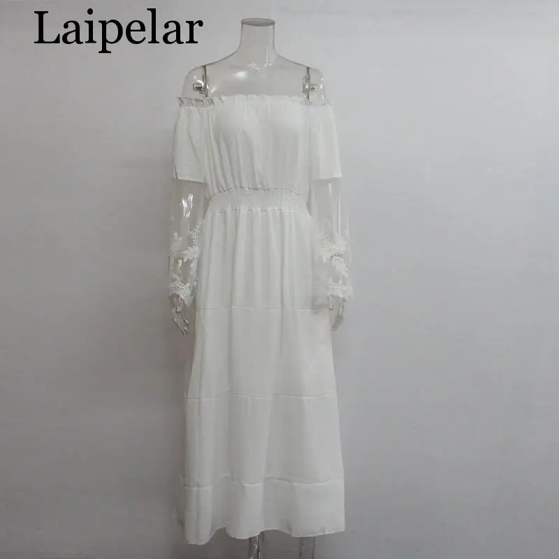 

Laipelar Summer Sundress Long Women White Beach Dress Strapless Long Sleeve Loose Sexy Off Shoulder Lace Boho Cotton Maxi Dress
