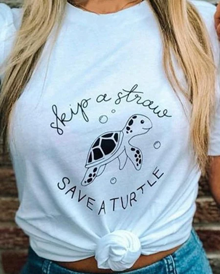 Skip A Straw Save Turtle Graphic Women Tshirt Sea Protect Slogan T Shirt Grunge Crewneck T-shirt Summer Fashion Tumblr Tees | Женская