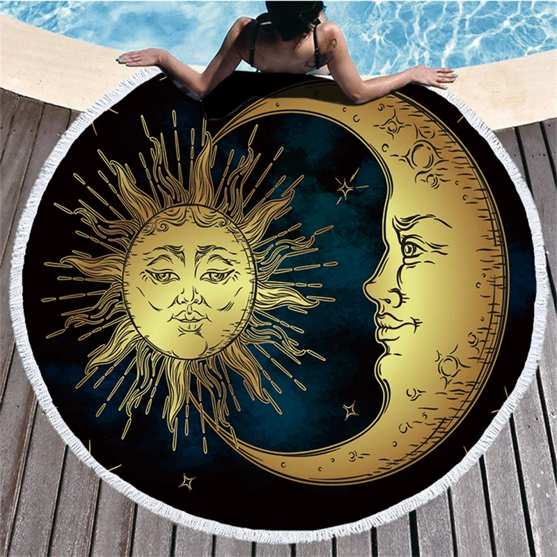 The Sun Moon Printed Bohemia Microfiber Large Round Beach Towel for Adults Hippie Thick India Yoga Mat Tassel Blanket Home Decor | Дом и сад