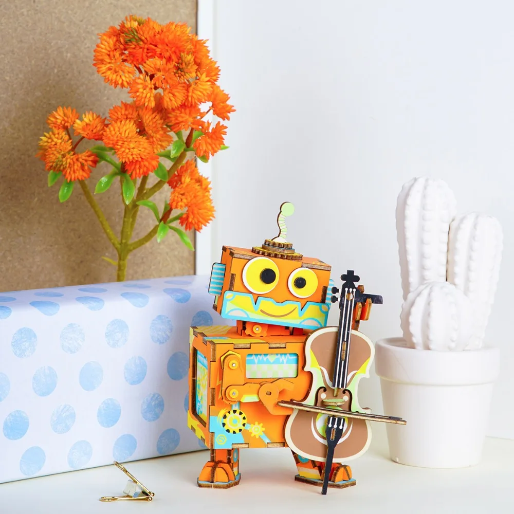 Robotime DIY музыкальная шкатулка 3D деревянная головоломка маленький робот