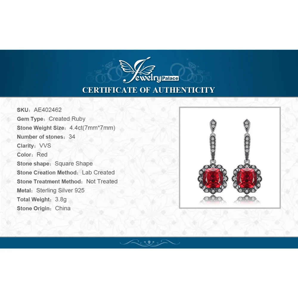 JewelryPalace Винтаж 4.5ct площади созданный рубиновые серьги 925 пробы серебро ювелирных