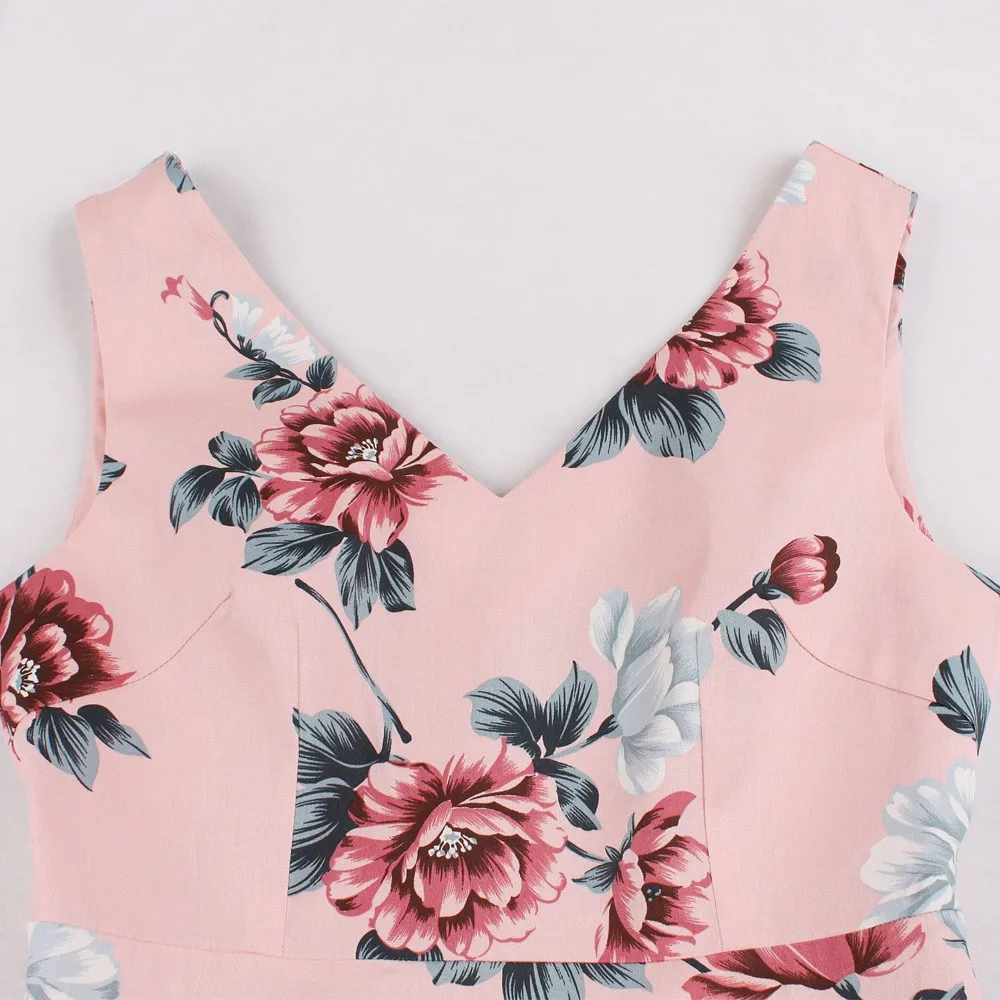 Ретро Лидер продаж Винтаж платье Для женщин Vestidos Цветочный принт Винтаж вечерние платье без рукавов и с v-образным вырезом в стиле пин-ап летнее платье с карманами
