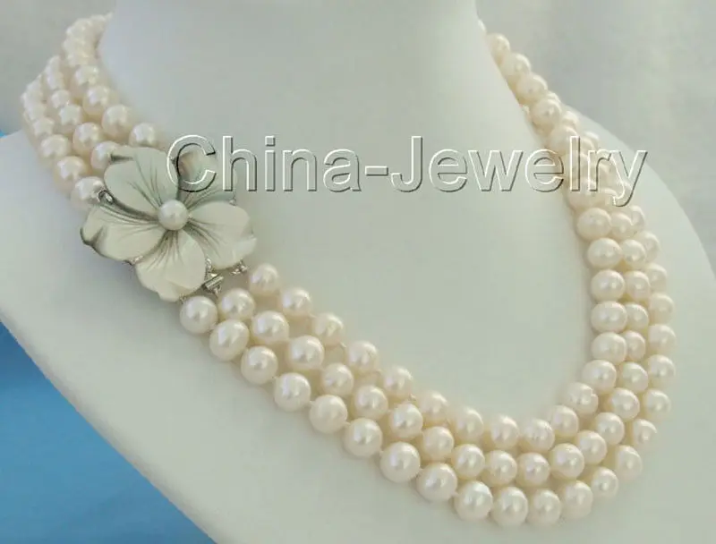 P681-3row 17-19" 8-9mm natural white round freshwater pearl necklace - shell