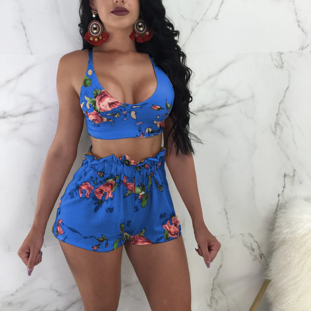 Beach Crop Top+Shorts Tops Romper Halter 2PCS Set Jumpsuit Sports Women’s Floral Outfits Sexy Clubwear 2018 New | Женская одежда