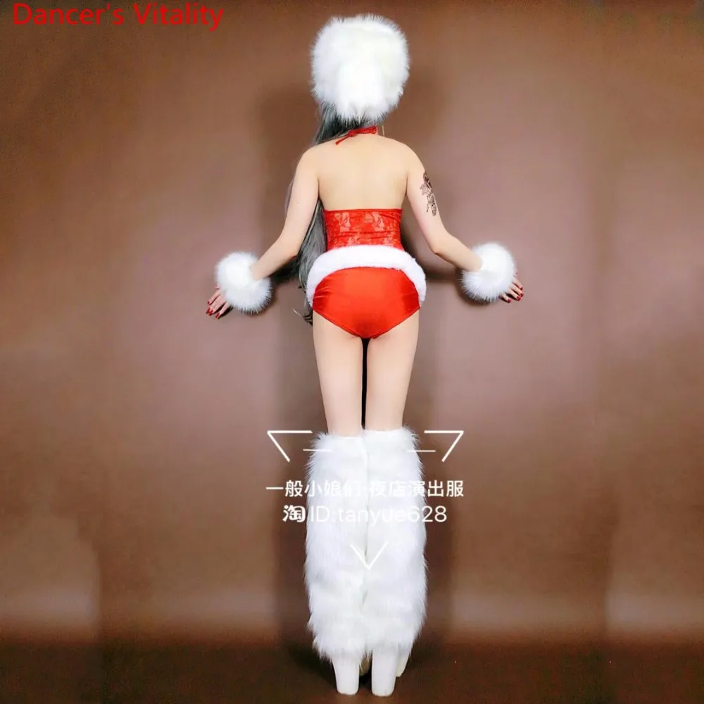 Nightclub Bar New Year DS Female Singer DJ Red White Fur Body Suit Performance Costume Pole Jazz Dancewear Set Clothes Outfits |
