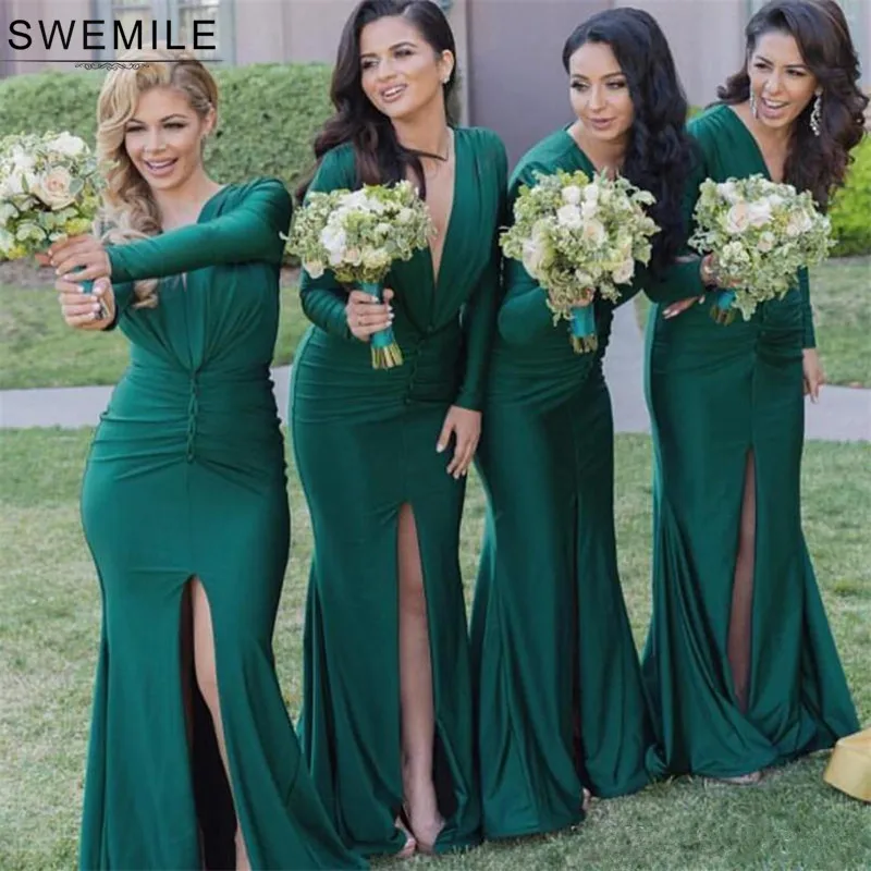 

SWEMILE Long Sleeve Green Mermaid Bridesmaid Dresses Sexy V Neck Satin Wedding Party Dress with Slit Robe Demoiselle D'honneur