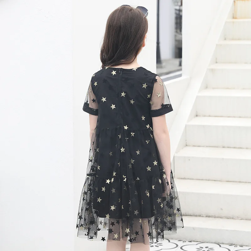 Summer Dress 2019 New Children's Princess Black Short-sleeved Cotton+Mesh Star Teenage Girl Clothing 10 12 14 Years | Детская одежда