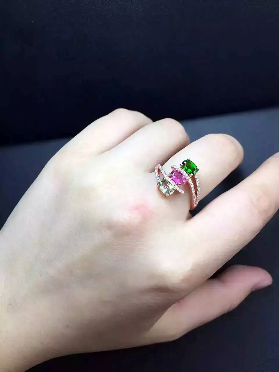 

Natural multicolor tourmaline gem Ring Natural diopside ring 925 sterling silver trendy overlapping women's girl gift Jewelry