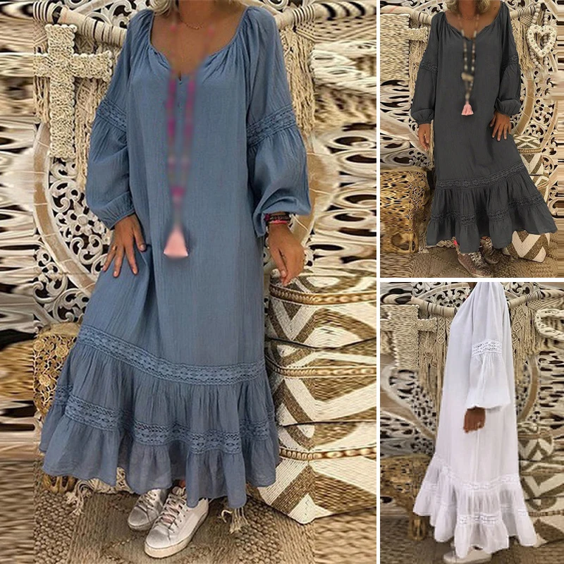 Летнее длинное женское повседневное свободное платье с круглым вырезом и