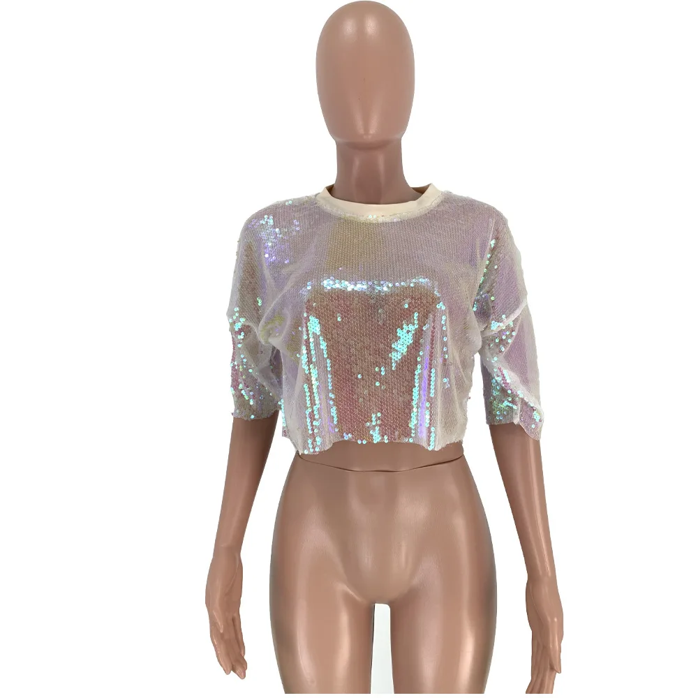 Multi new women summer sequins sexy hip hop short sleeve o-neck short t-shirt streetwear classic tee top casual t shirts GLDN8281 - Color: Multi