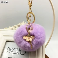 dance girl pendants key chain 8cm rex rabbit fur pompom car key ring fashion bag charms accessories phone shell pendant k1659