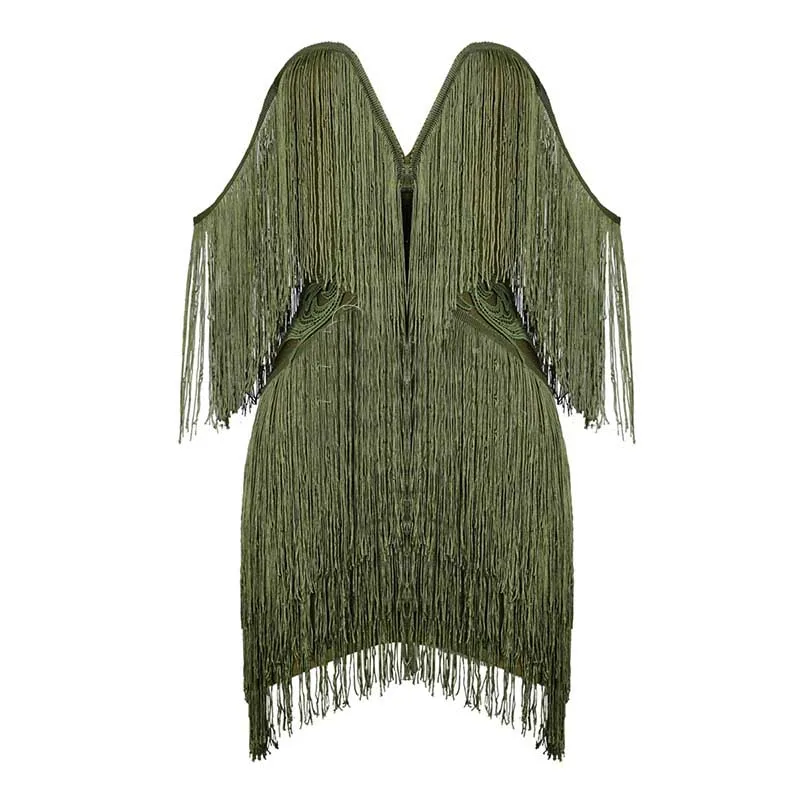 

wholesale New dress Elegant Tassels Embellished Sexy Off The Shoulder Mini Cocktail party bandage dress wholesale(H1859)