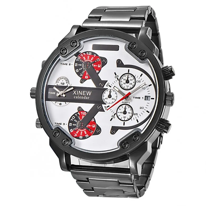 XINEW негабаритных часы для мужчин Dual Time Роскошные с большим лицом кварцевые часы брендовые оригинальные наручные часы Relogio Masculino Ouro Luxo Marca - Цвет: Black white