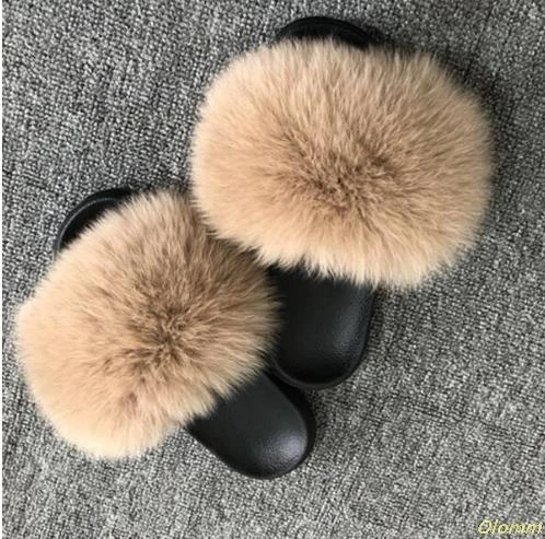 fox hair Женские летние шлепанцы с натуральным лисьим мехом; женские нескользящие тапочки с пушистым мехом; женские меховые тапочки; милые женские плюшевые шлепанцы с лисьим мехом; Лидер продаж - Цвет: fox hair