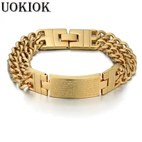 hip hop jesus cross bracelets for men jewelry chunky male gold color stainless steel double cuban hand chain link id bracelet