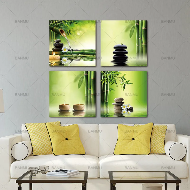 

Pictures on Canvas Wall Painting Art for Home Modern 4 Panel Zen Giclee Canvas Prints Perfect Bamboo Green Office Decorations
