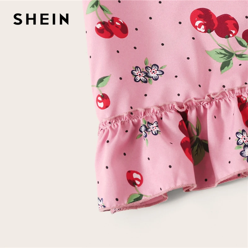 SHEIN розовый топ на бретельках с принтом вишни и бумажный мешок, длинные штаны, женские пижамные комплекты, летний Повседневный пижамный комплект без рукавов
