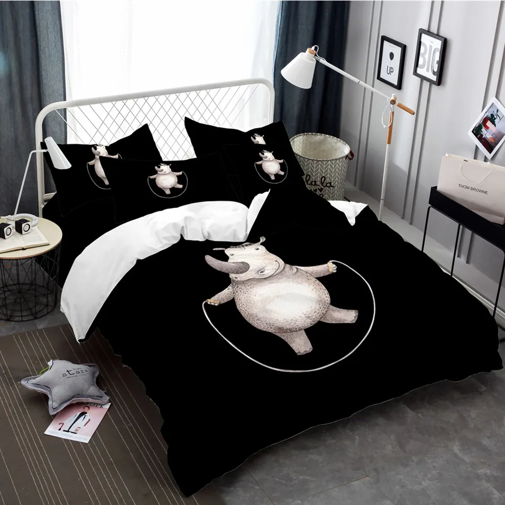 Cartoon Bedding Set Rhinoceros rope skipping Duvet Cover Animal Bedsheet Bed Covers Pillowcase Bedclothes Home Decor 3/4pcs | Дом и сад