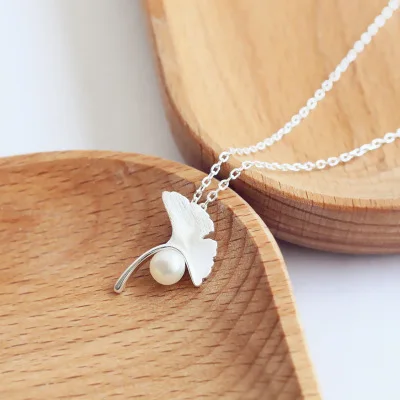 1.5cm high quality 925 Sterling Silver Ginkgo Leaf shape pearl short Necklace female pendant cute chain girls gift | Украшения и