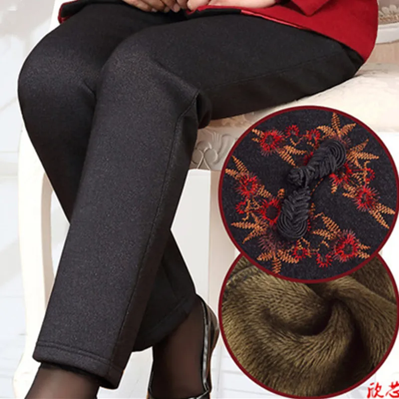 

Брюки для мам среднего возраста 2018, зимние Бархатные брюки с вышивкой, повседневные брюки для пожилых женщин с эластичным поясом 4XL