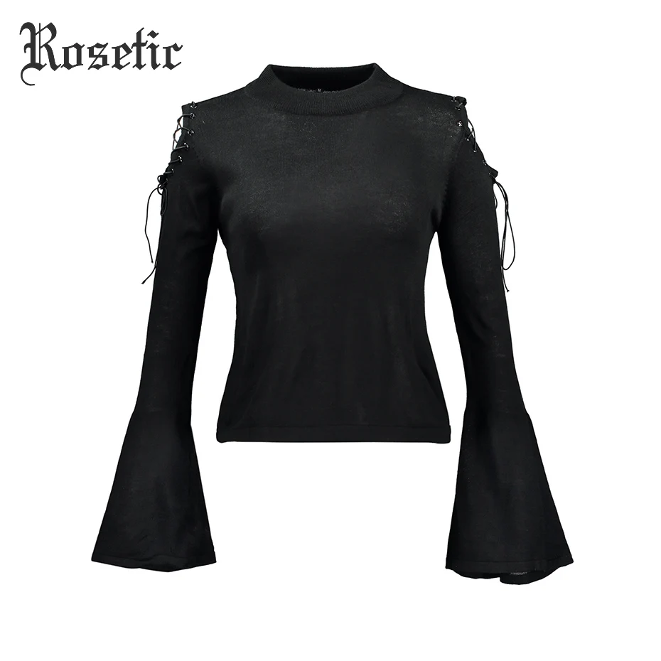 Rosetic Brand Gothic Style Lace-Up Hollow Out Flare Sleeve Sexy Strapless Bandage Autumn Women Short Knitting Sweaters | Женская одежда