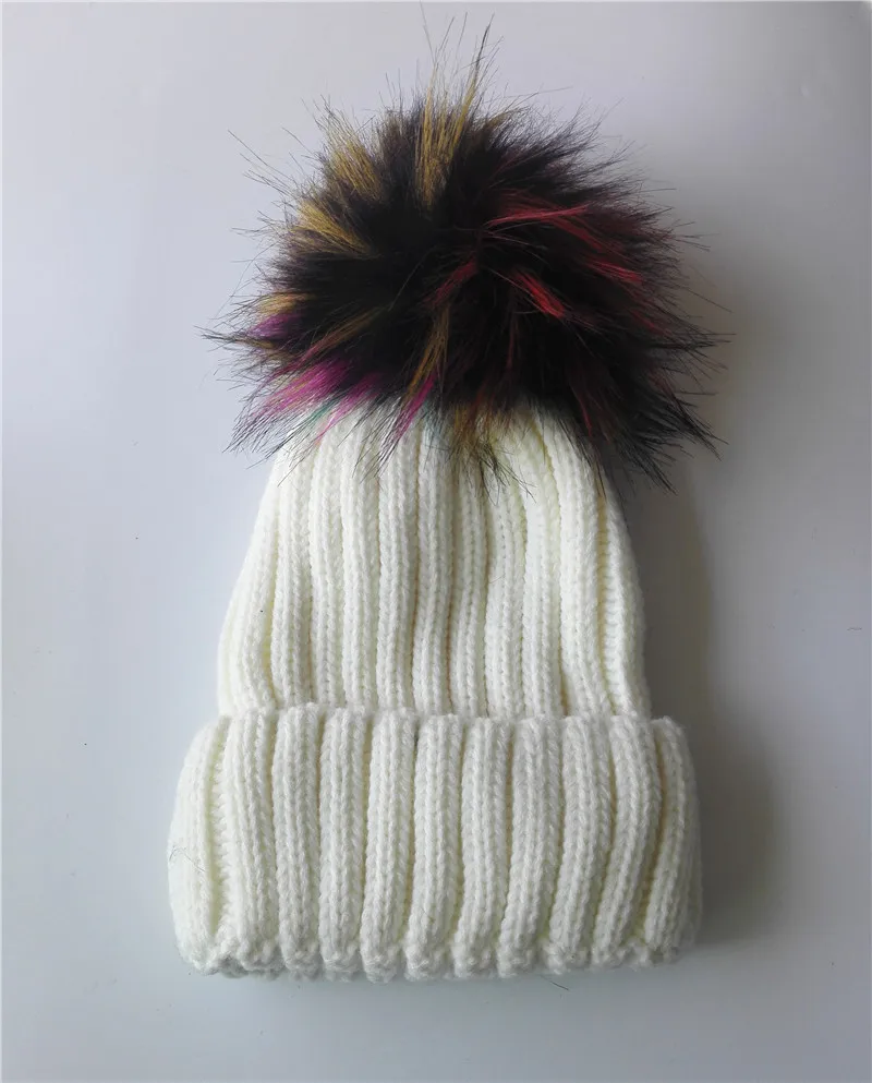 KNB040B Wholesale 10pcs/lot Winter Warm Beanies Knit Hat Women Slouchy 15cm Rainbow Faux Fur Pom pom Skullies Cap Bonnet