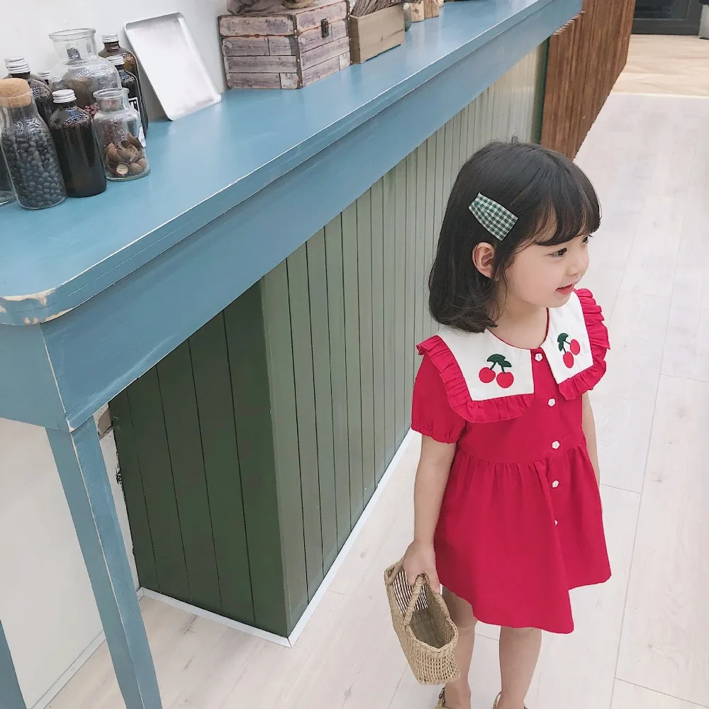 Summer Cherry Embroidery Baby Girls Princess Dress Cotton Sailor Collar Toddler Kids Red Dreses Clothes | Детская одежда и обувь
