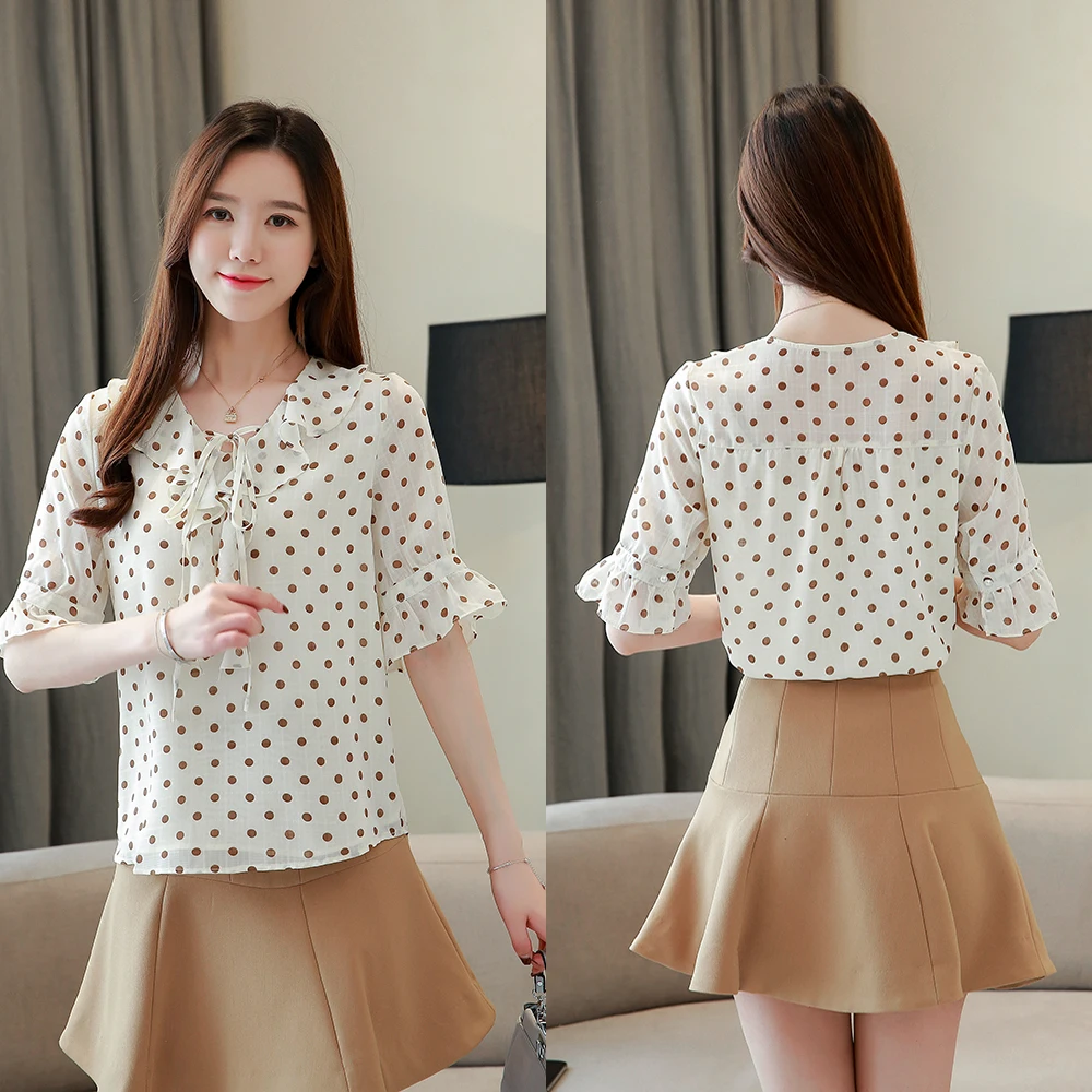 Женские блузки в горошек феи Blusa Feminina шифоновая рубашка с расклешенными рукавами