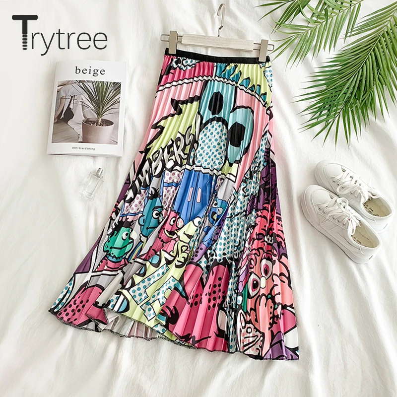 Trytree/Женская гофрирующая юбка на лето и осень с рисунком до середины икры