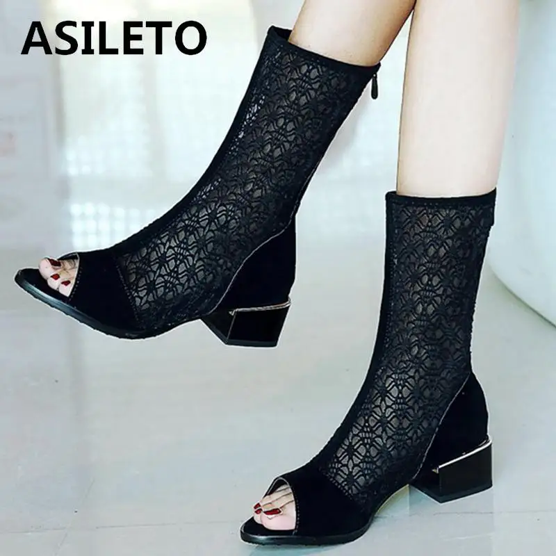 ASILETO 2019 Spring Summer boots women sandals Peep toe mid heels lace Zipper Casual Shoes suede sandalia mujer botas cut out|Сапоги до