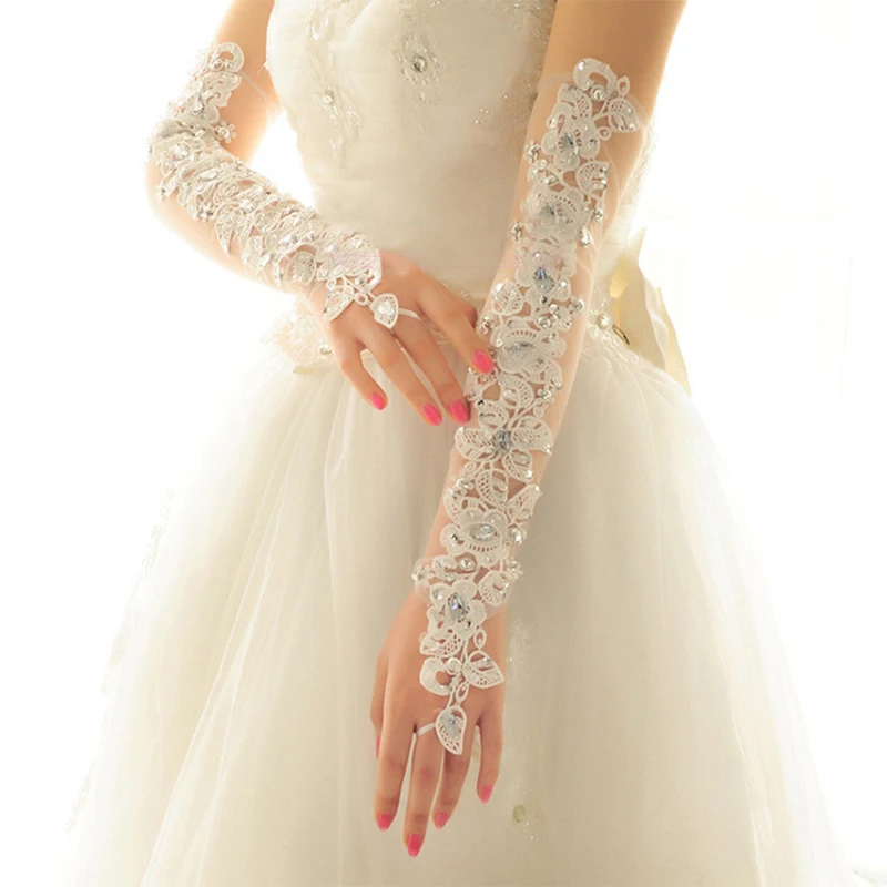 

Luva De Noiva Long Opera length Wedding Gloves For Bride Fingerless Crystal BlingBling Lace Bridal Gloves Wedding Accessories