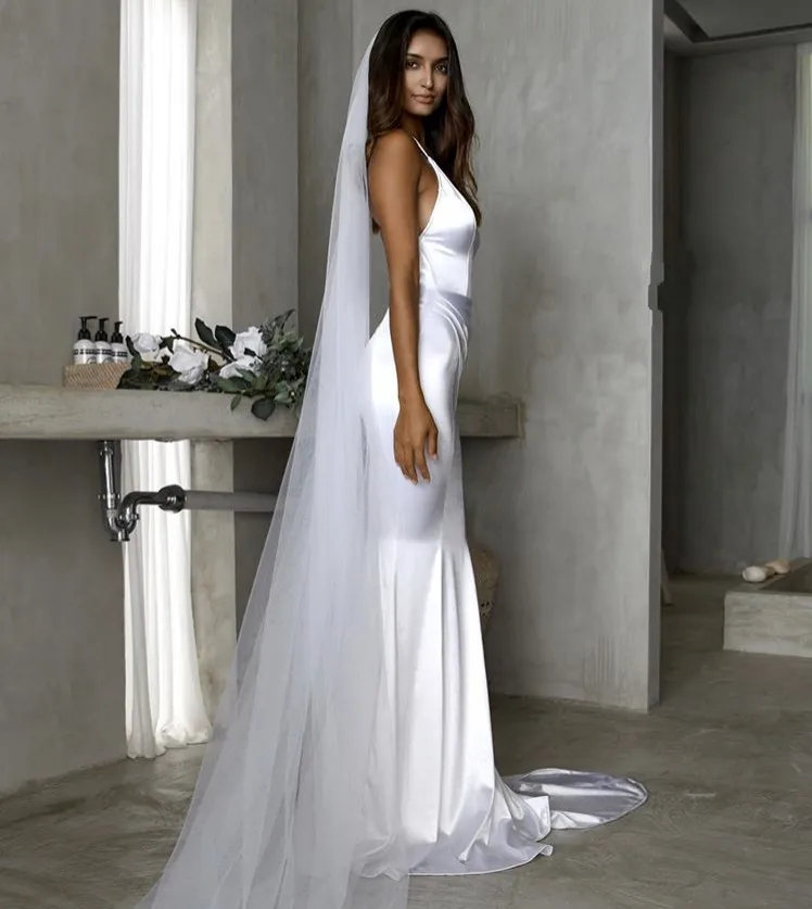 Cinderella White V-Neck Spaghetti Straps Satin Court Train Backless Mermaid Wedding Dresses Sexy Open Back Gowns | Свадьбы и