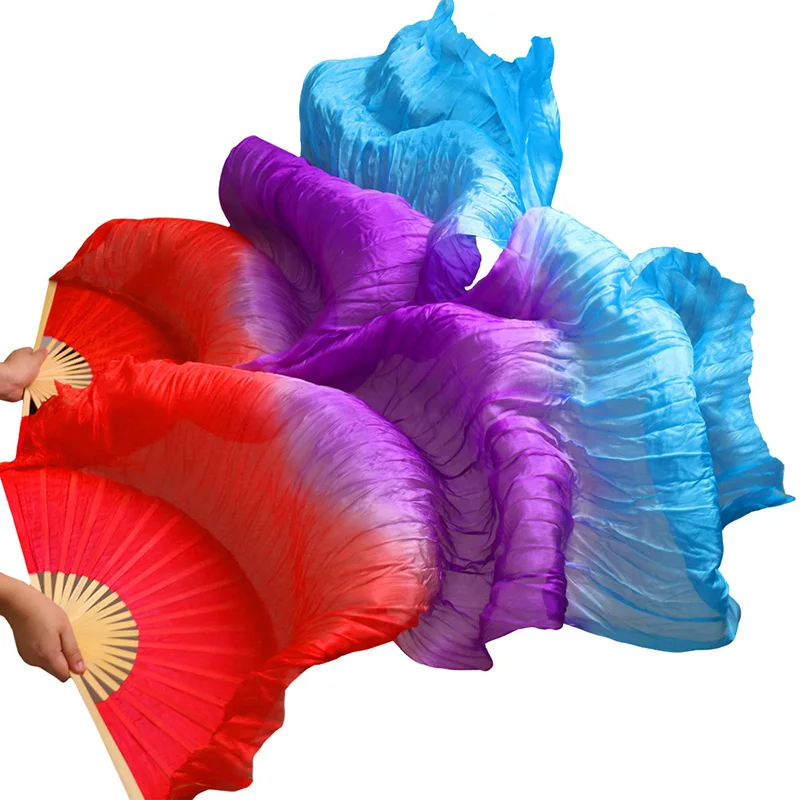 100% Real Silk Belly Dance Fans 1 Pair / 1 Pc Handmade Dyed Silk Belly Dance Long Fan Chinese Dance Fans Veil 24 Colors