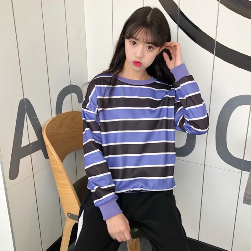 Women Contrast Color Striped Round Neck Casual Top T Shirts Femme Long Sleeve Fashion Harajuku T-shirt Lady Blue Orange | Женская одежда