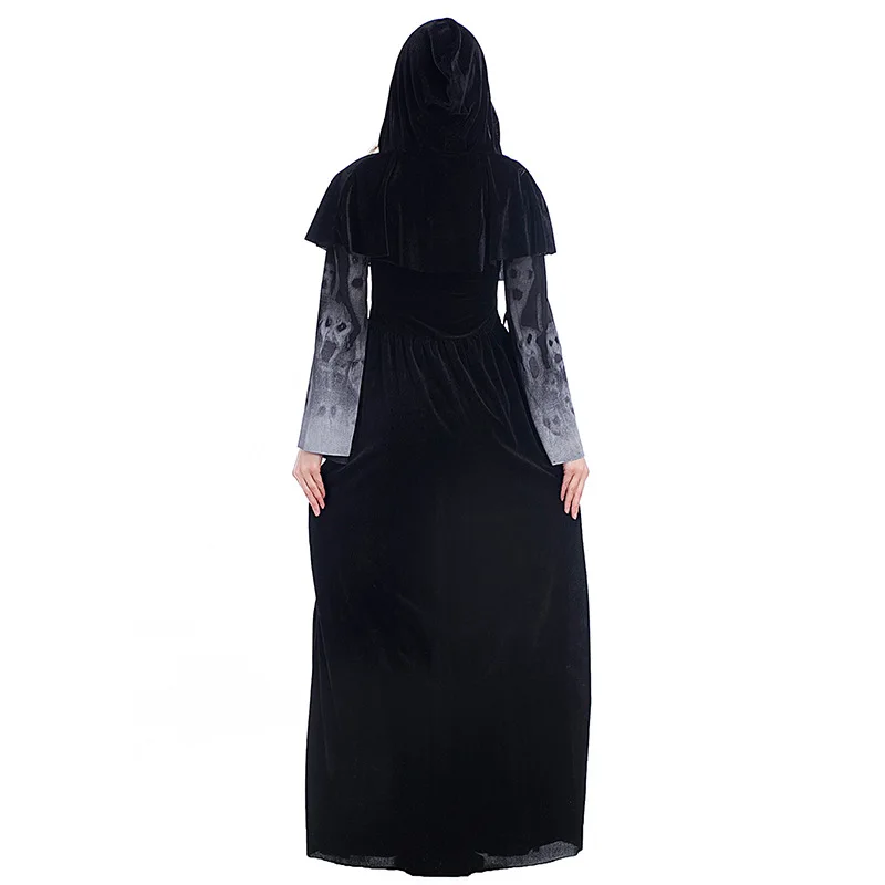 

Black Halloween Adult Scary Skeleton Long Dresses For Women,Female Skeleton Printed Vampire Costume Size SMLXL