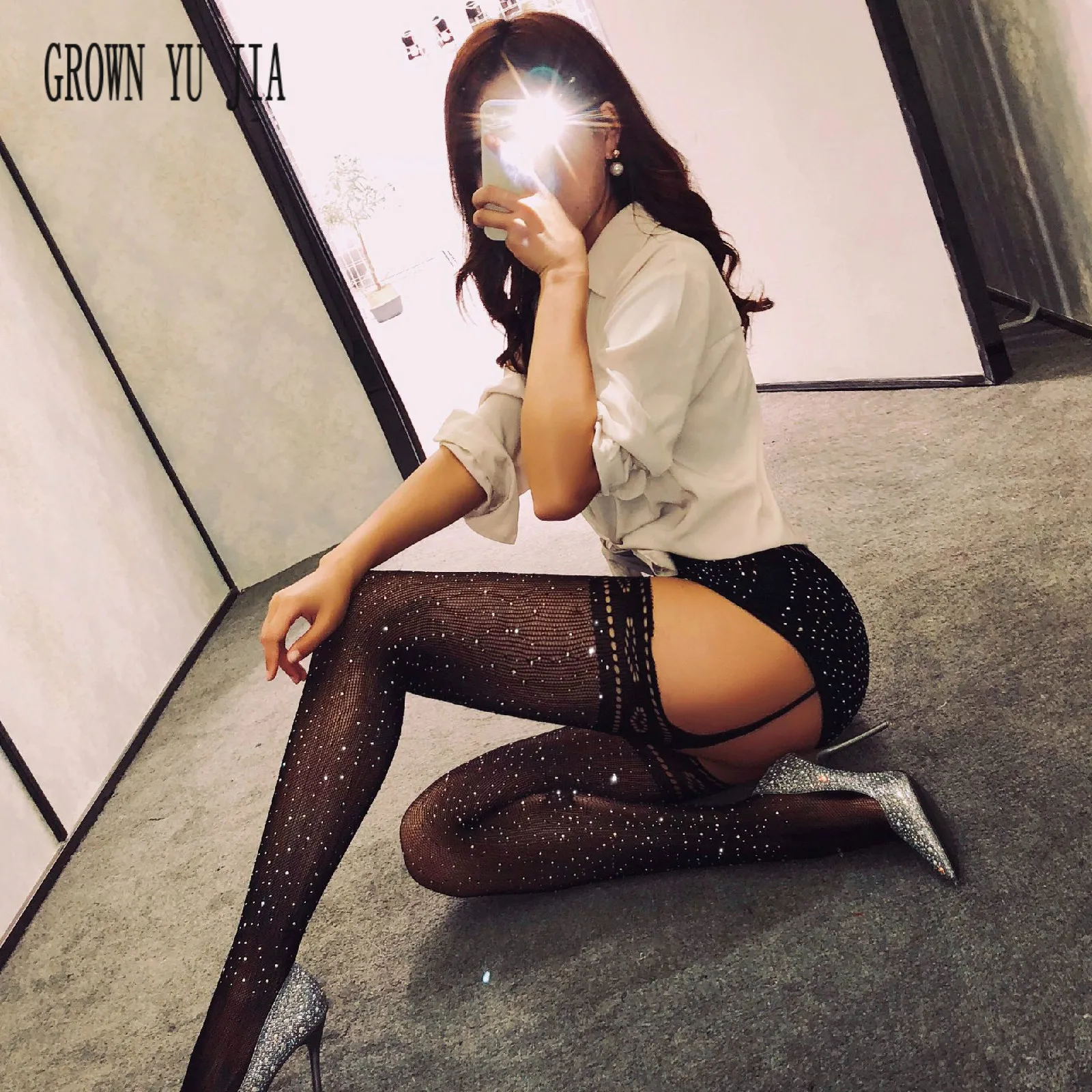 Сексуальные блестящие ажурные чулки горячее нижнее белье со стразами открытый