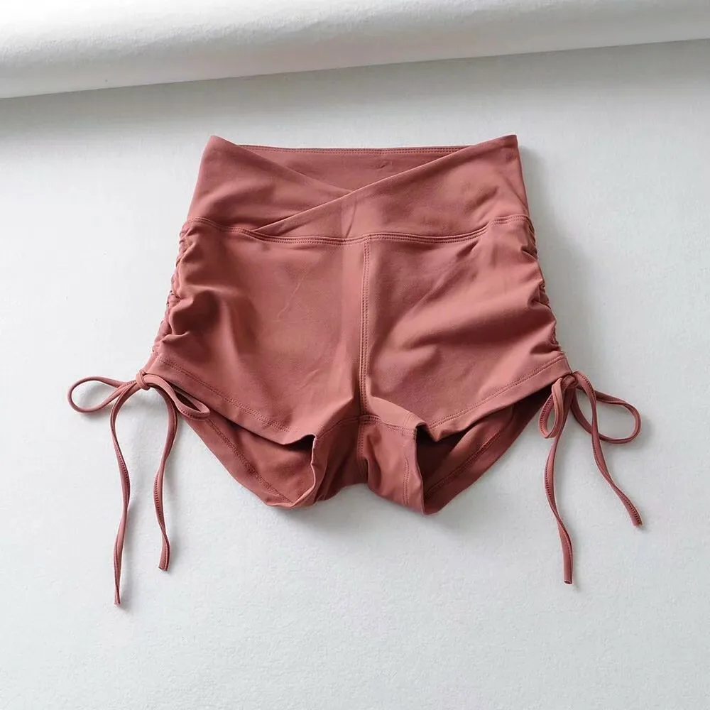 

High Elastic Yoga Shorts Fitness Drawing Rope Wrinkle High Waist Running Short Summer Sports Tights Dancing Hot girl