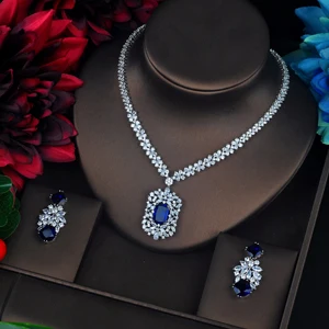 white gold blue Hibrid сверкающий желтый камень кубический циркон ювелирные наборы Длинные Pendanties Висячие серьги ожерелье набор платье аксессуары N-639 - Окраска металла: white gold blue