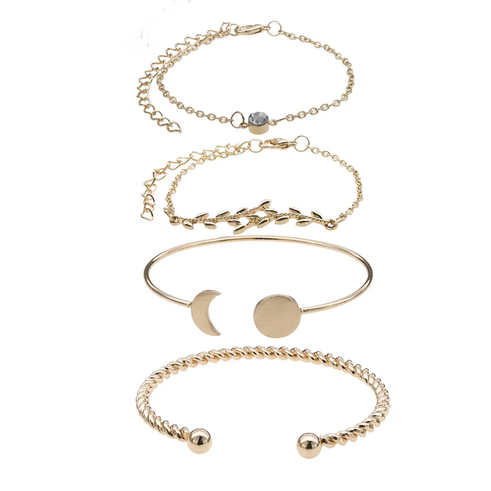 

Bohemian Leaves Multilayer Bracelets Set Opening Twisted Moon Sun Leaf Rhinestone Bracelet Bangles For Friend Gifts Jewelery