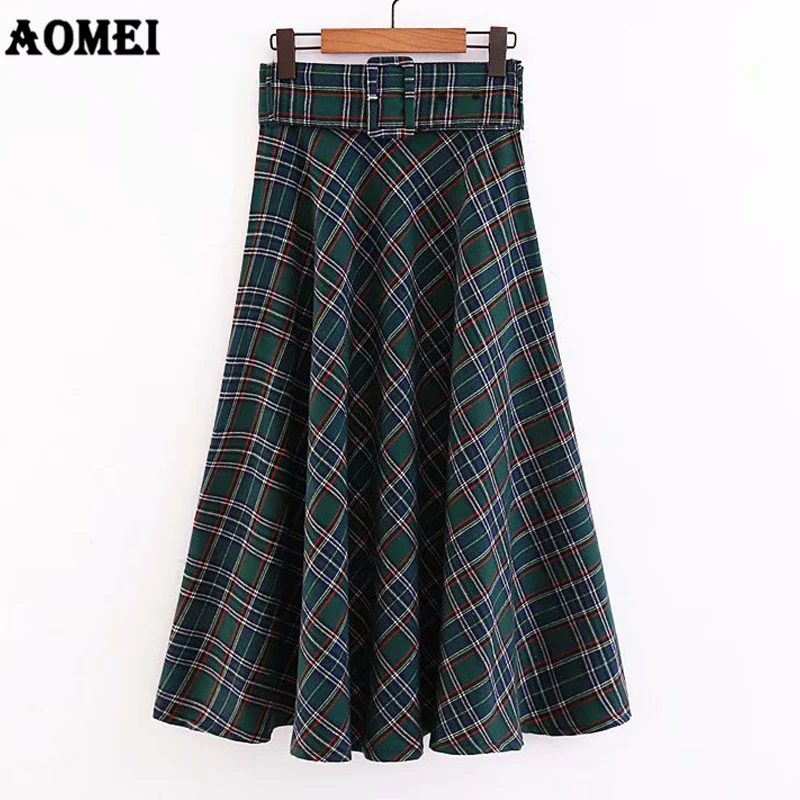 Осень 2019 Ретро стиль юбка миди клетчатая винтажная для девушек высокая талия