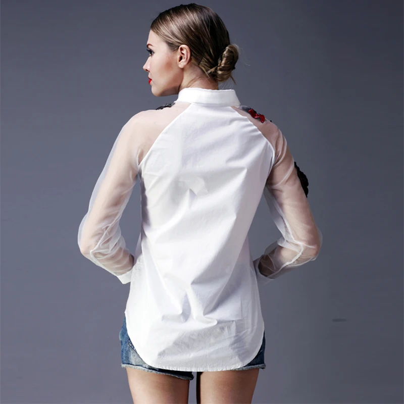 2017 Весна 3D вышивка цветок женская рубашка сексуальная Перспектива органза сетка