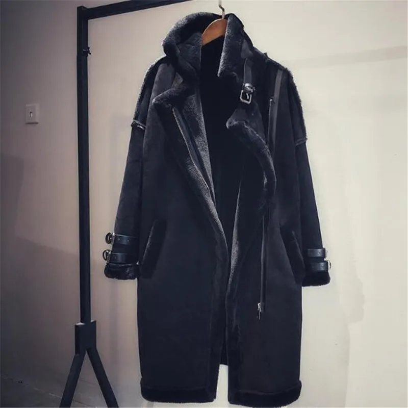 black Новое корейское зимнее толстое Женское пальто из овечьей шерсти Высококачественная длинная теплая парка из оленьей кожи для девочек Женская верхняя одежда для отдыха больших размеров A0104 - Цвет: black