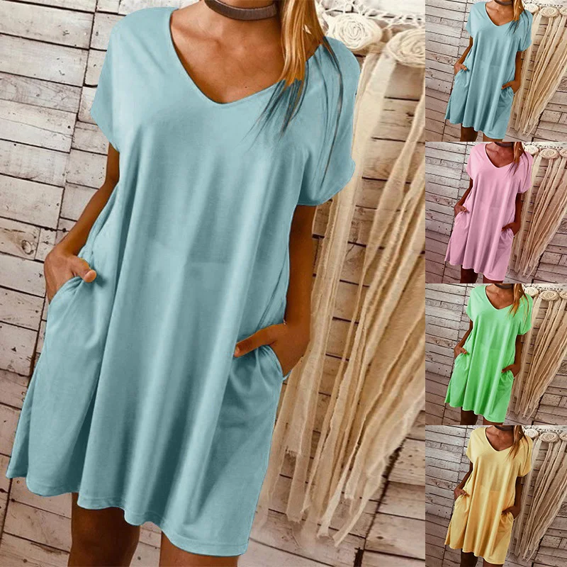 2019 женское летнее платье с коротким рукавом v-образным вырезом футболка карманом