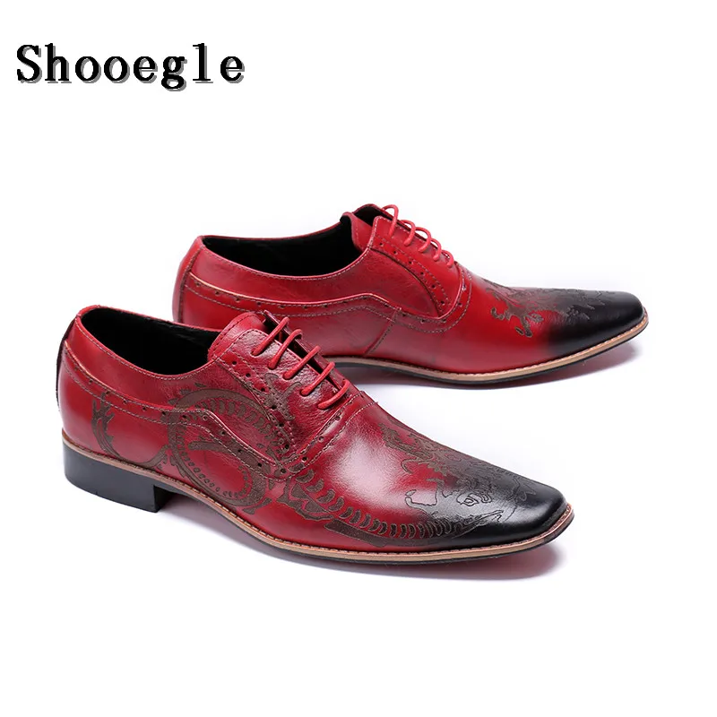 Мужские классические деловые туфли SHOOEGLE красные кожаные оксфорды на шнуровке в