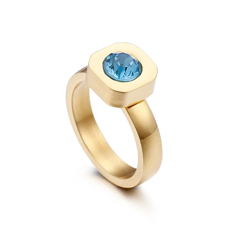 Blue (Gold) Новые цветные кольца с камнем для женщин, размер 6-9, нержавеющая сталь, золото/серебро, кольца на палец для девушек, обручальные кольца, подарок - Цвет основного камня: Blue (Gold)