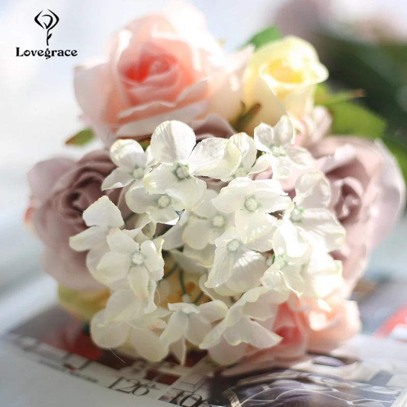 Фото Lovegrace искусственная шелковая Гортензия пион Ranunculus Posy Цветы Свадебный букет украшение для дома Свадебные аксессуары ручной работы №4